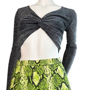 Metallic Silver‎ Glitter Crop Top Twist Front Long Sleeve Party Rave Blingcore S